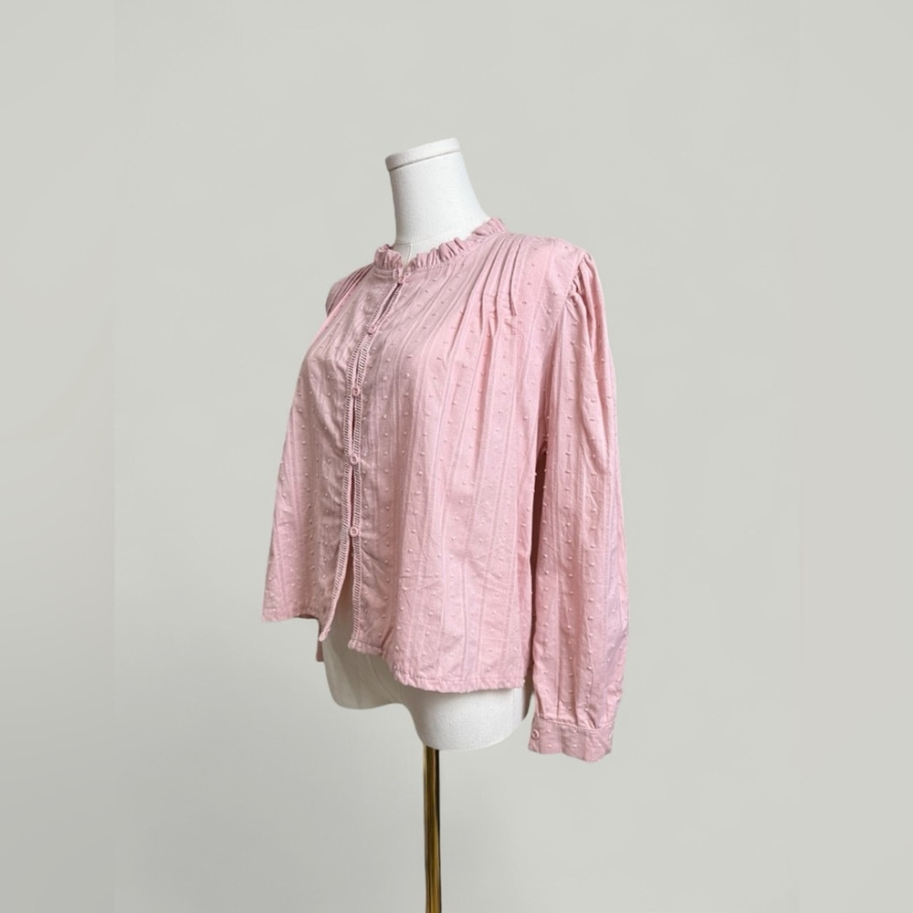Pink Top Women Size Large Cotton Swiss Dot Pleated Ruffle Round Neckline Long - Picture 5 of 13